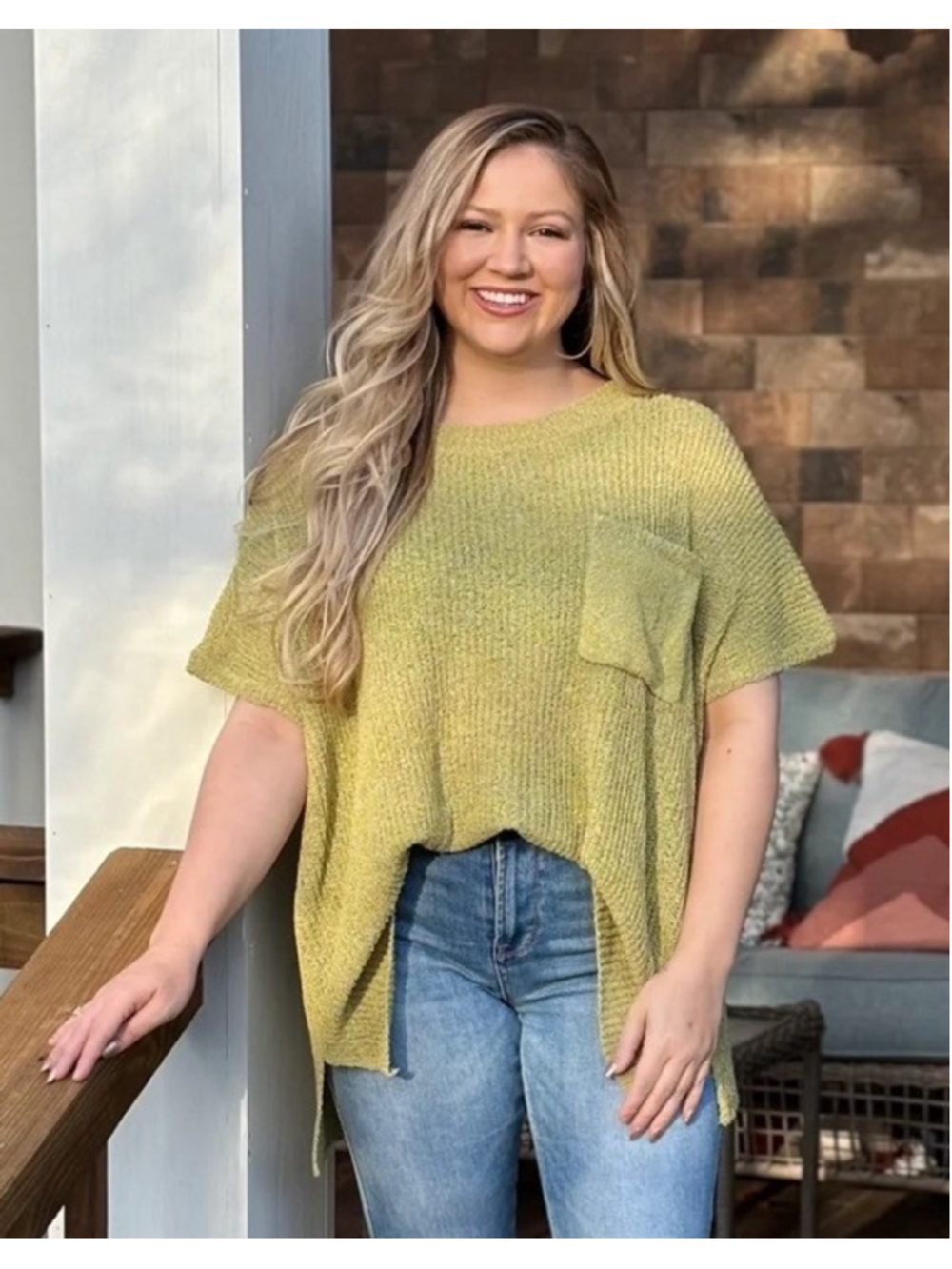 ☀️ Easel LA Lightweight Knit Top Large Green Boho Oversized Short Sleeve Sweater